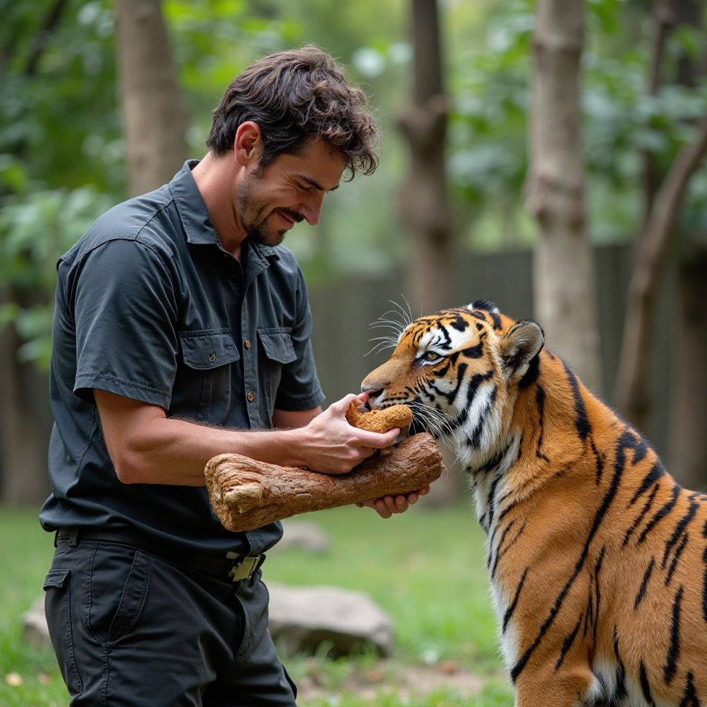 Zookeeper providing enrichment to a tiger